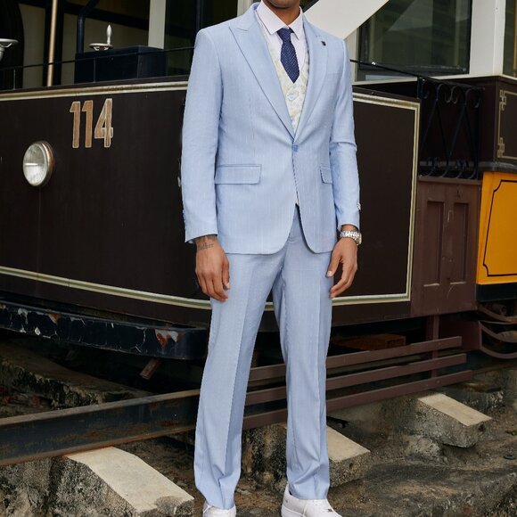 Men's Stacy Adams Vested Peak Lapel Baby Blue Plaid Prom & Wedding Suit main image 1